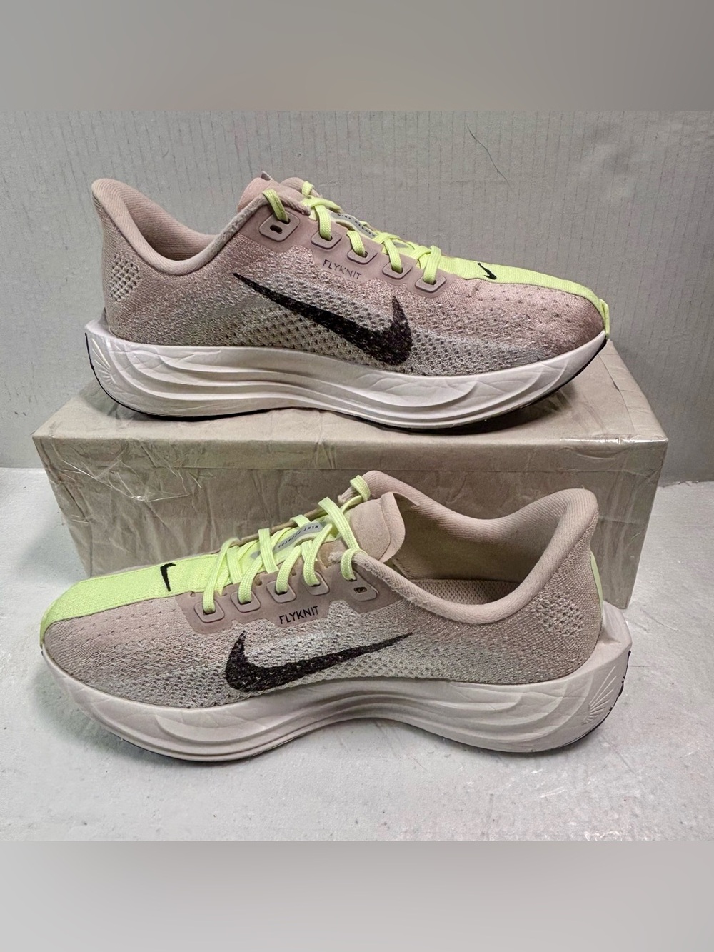 Nike Pegasus, Plus, Zoom X,  Flyknit Running Shoes Pale Pink/Neon Yellow Accents